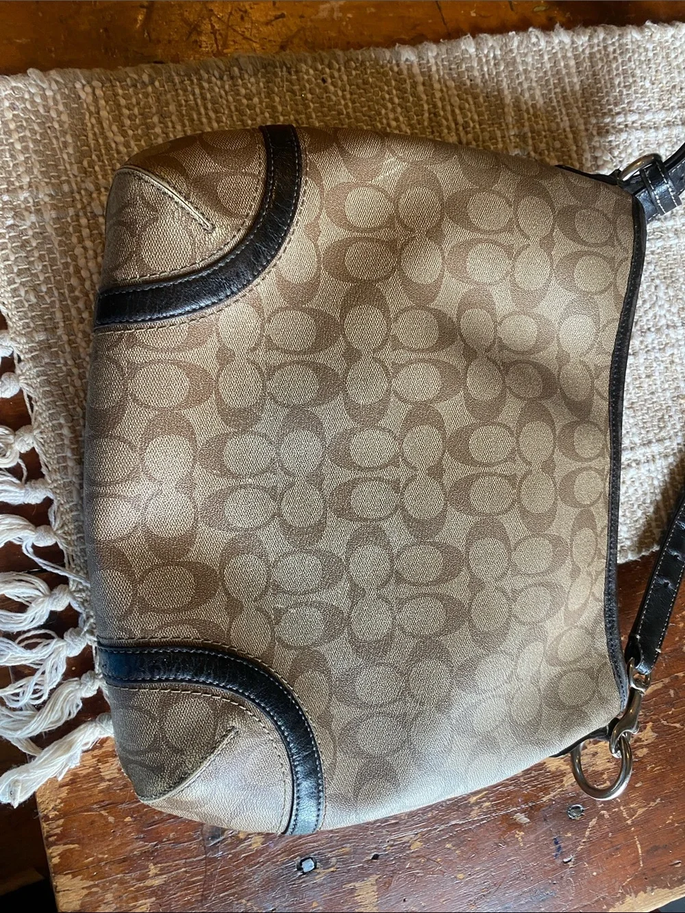 Coach Brown Signature Canvas Crossbody with Black Trim